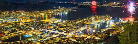 Photo for New Year fireworks over Bergen, panoramic view, Norway - Royalty Free Image