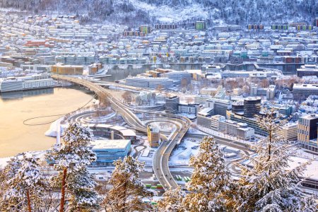 Photo for Aerial view of Bergen from mount Floyen in winter, Norway - Royalty Free Image