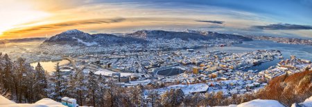 Photo for Amazing panoramic view of Bergen from Floyen in winter at sunrise, Norway - Royalty Free Image