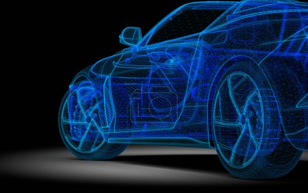 Blue generic unbranded wireframe car in the dark: 3D illustration