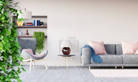 Foto de Moderno salón luminoso con sofá y sillón, ilustración 3D - Imagen libre de derechos