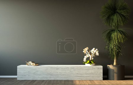 Téléchargez les photos : Intérieur moderne du salon et du salon design et fond de mur sombre, illustration 3D - en image libre de droit