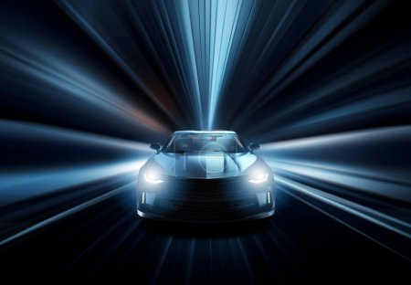 Téléchargez les photos : Vitesse de la voiture générique et sans marque dans un tunnel, illustration 3D - en image libre de droit