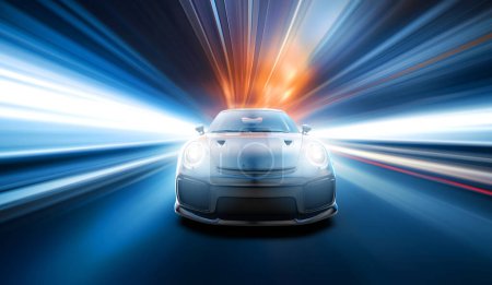 Téléchargez les photos : Vitesse de la voiture de sport générique et sans marque dans un tunnel bleu, illustration 3D - en image libre de droit