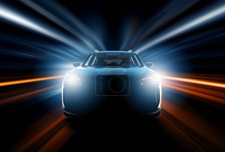 Téléchargez les photos : Vitesse de la voiture de sport générique et sans marque dans un tunnel, illustration 3D - en image libre de droit
