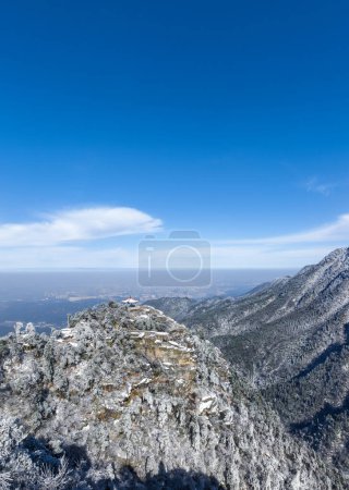 the watch clouds pavilion in winter on a sunny day after snow,  Lushan mountain national scenic area, China