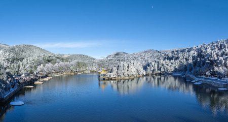 aerial view of lake scene in winter on a sunny day after snow,  Lushan mountain national scenic area, China