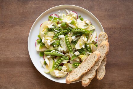 Téléchargez les photos : Salade de pois mange-tout et pommes tranchées avec radis, fenouil, fromage de chèvre et vinaigrette au miel - en image libre de droit