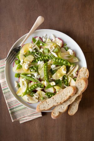 Téléchargez les photos : Salade de pois mange-tout et pommes tranchées avec radis, fenouil, fromage de chèvre et vinaigrette au miel - en image libre de droit