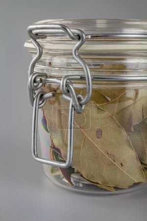 Dried bay leaf for seasoning stored in a closed glass jar. Selective focus with shallow depth of field.