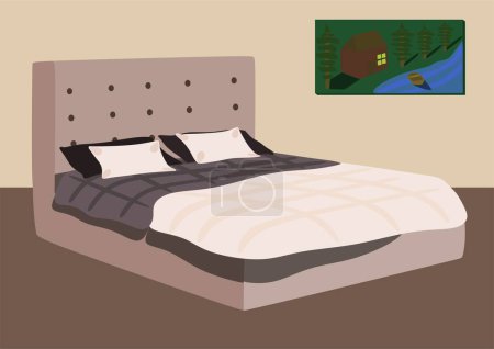 Photo for Wood double Bed With Blanket. Illustration of a cartoon wooden bed with pillows and blanket. Interior furniture. - Royalty Free Image