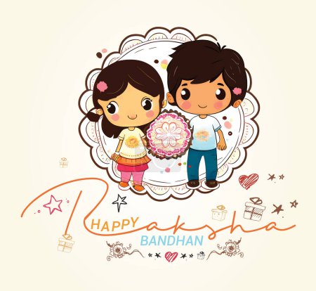 Illustration for Raksha Bandhan cute little sister and brother celebration decorated. - Royalty Free Image