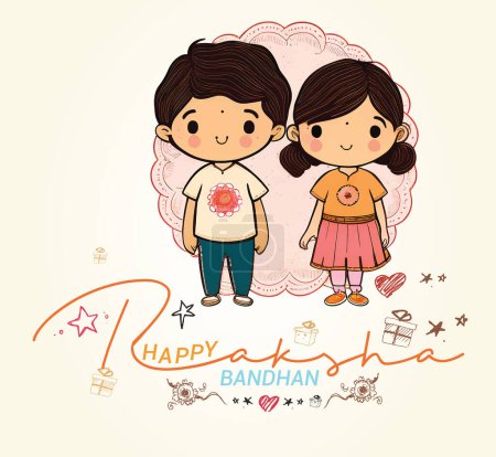 Illustration for Raksha Bandhan cute little sister and brother celebration decorated. - Royalty Free Image
