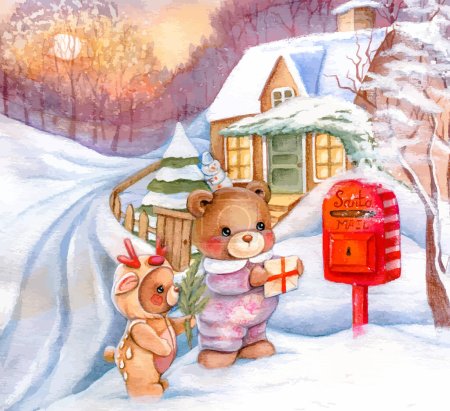 Illustration for Bears send a letter to Santa. Christmas vector illustration - Royalty Free Image