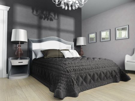 Foto de Dormitorio en un interior moderno en colores oscuros. renderizado 3d - Imagen libre de derechos