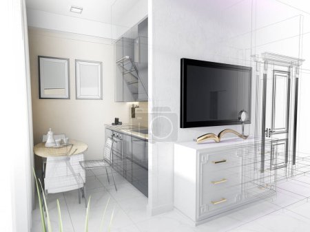Téléchargez les photos : Cuisine moderne dans l'appartement, faite dans des tons beiges. Rendu 3d - en image libre de droit