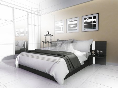 Foto de Dormitorio en un interior moderno en tonos beige. renderizado 3d - Imagen libre de derechos