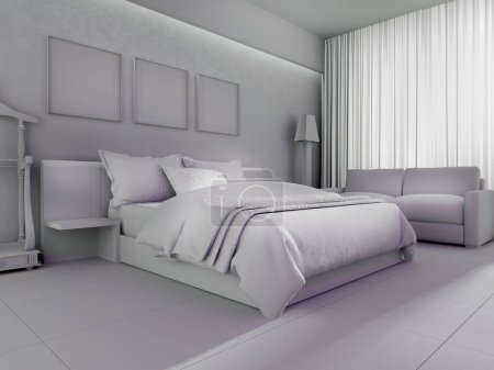 Foto de El dormitorio del apartamento está en blanco y negro. renderizado 3d - Imagen libre de derechos
