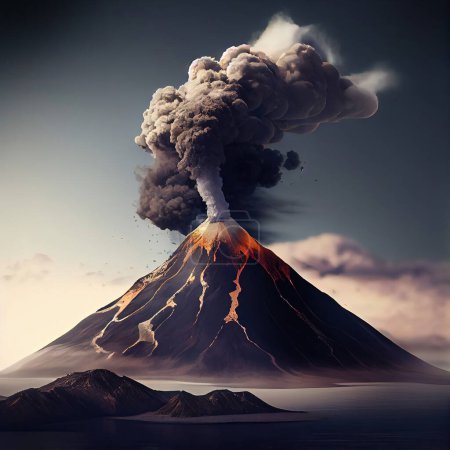 Foto de Erupción del volcán contra el cielo oscuro, gran humo y lava - Imagen libre de derechos