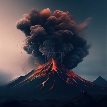 Foto de Erupción del volcán contra el cielo oscuro, gran humo y lava - Imagen libre de derechos