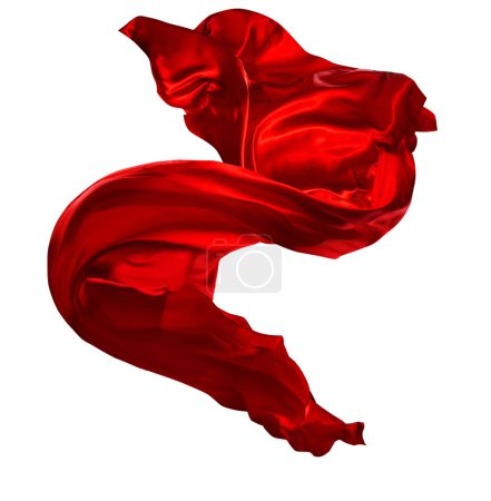 Téléchargez les photos : Tissu de soie rouge volant dans l'air. Tissu satiné flottant sur le vent sur fond isolé blanc. Objet textile abstrait - en image libre de droit