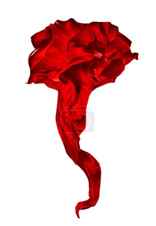 Red Silk Fabric Flying on Wind. Chiffon Scarf waving as Flower over White isolated Background. Satin Textile Rose Art floating in Air