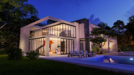 Téléchargez les photos : Rendu 3D avec une maison cubique contemporaine avec jardin et un coin salon au bord de la piscine le soir - en image libre de droit