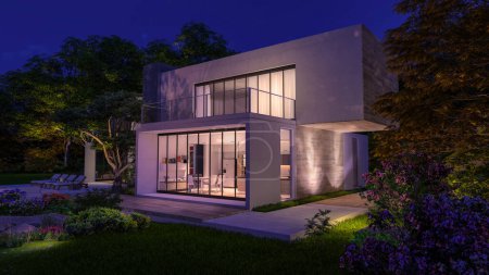 Téléchargez les photos : Rendu 3D avec une maison cubique contemporaine avec jardin et un coin salon au bord de la piscine le soir - en image libre de droit