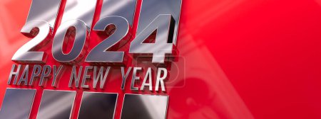 Téléchargez les photos : Rendu 3D de Bonne Année 2024 en métal argenté avec fond rouge - en image libre de droit