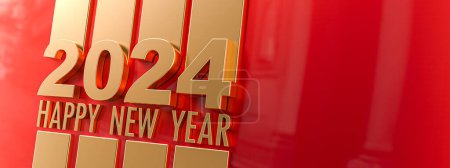 Téléchargez les photos : Rendu 3D de Happy New Year 2024 or avec fond rouge - en image libre de droit