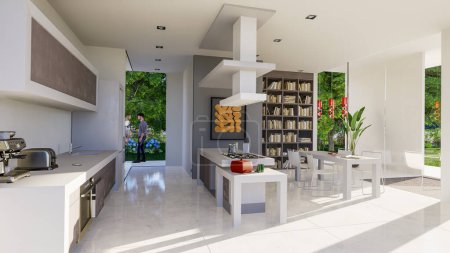 Téléchargez les photos : Rendu 3D d'un intérieur haut de gamme moderne avec cuisine ouverte et bibliothèque - en image libre de droit