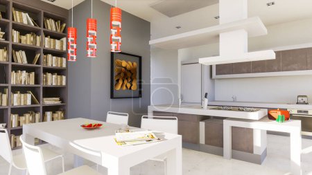 Téléchargez les photos : Rendu 3D d'un intérieur haut de gamme moderne avec cuisine ouverte et bibliothèque - en image libre de droit