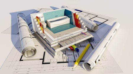Téléchargez les photos : Rendu 3D des détails techniques d'une construction de salle de bain dans un projet d'architecture - en image libre de droit