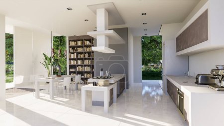 Photo for 3D rendering of a modern upscale interior with open plan kitchen and library - Royalty Free Image