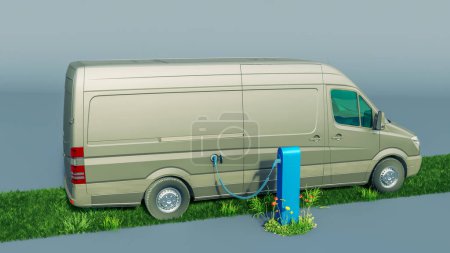 3D rendering of an Electric van recharging battery in a charging station