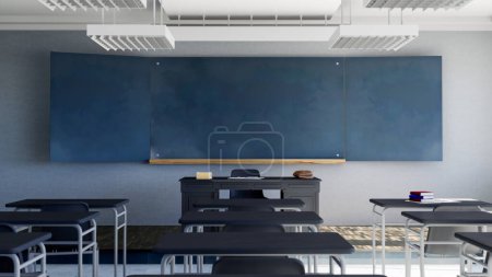 Téléchargez les photos : Rendu 3D d'une salle de classe classique avec tableau noir - en image libre de droit