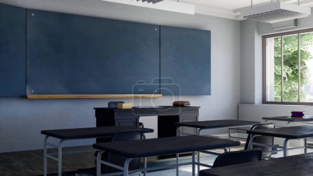 Téléchargez les photos : Rendu 3D d'une salle de classe classique avec tableau noir - en image libre de droit