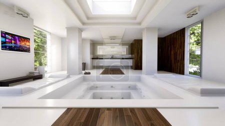3D-Darstellung eines luxuriösen Badezimmers mit Wellness-Annehmlichkeiten