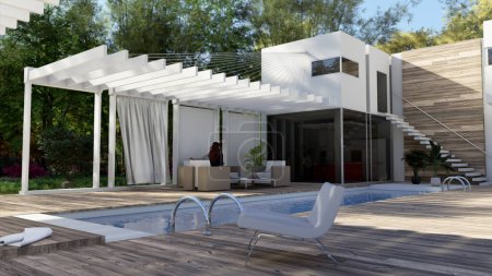 Téléchargez les photos : Rendu 3D d'une maison extérieure avec une piscine et un coin salon avec une pergola - en image libre de droit
