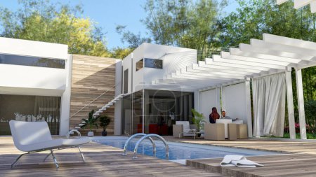 Téléchargez les photos : Rendu 3D d'une maison extérieure avec une piscine et un coin salon avec une pergola - en image libre de droit