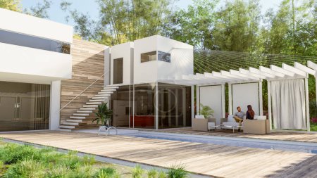 Photo for 3D rendering of a House exterior with a pool and a sitting area with a pergola - Royalty Free Image