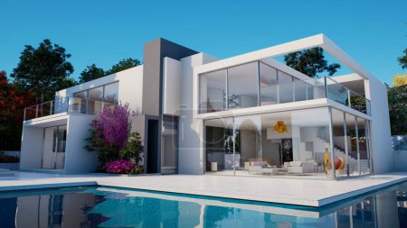 Photo for 3D rendering of a modern luxurious house with swimming pool - Royalty Free Image