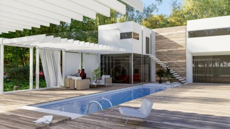 Photo for 3D rendering of a House exterior with a pool and a sitting area with a pergola - Royalty Free Image