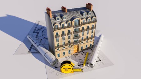 Téléchargez les photos : 3D rendering of a classical Parisian residential building on top of blueprints, ideal for architecture and construction themes - en image libre de droit