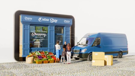Téléchargez les photos : 3D rendering of a tablet with a local grocery store selling online, with a van for deliveries, and the greengrocer talking to clients at the door - en image libre de droit