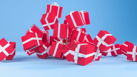 Téléchargez les photos : Rendu 3D de beaucoup de boîtes-cadeaux rouges avec des arcs blancs sur un fond bleu pâle - en image libre de droit