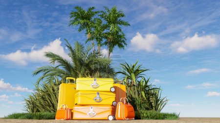 Téléchargez les photos : Rendu 3D d'un tas de bagages dans un décor tropical - en image libre de droit