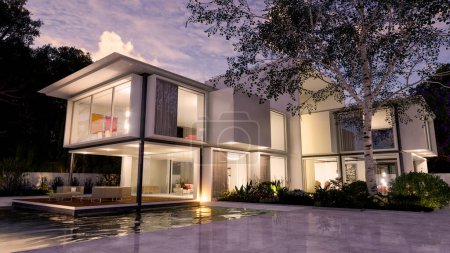 Téléchargez les photos : Rendu 3D d'une maison de luxe moderne avec piscine - en image libre de droit