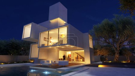 Téléchargez les photos : Rendu 3D d'une maison de luxe moderne avec piscine au crépuscule - en image libre de droit