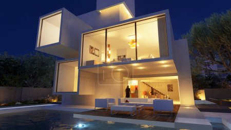 Téléchargez les photos : Rendu 3D d'une maison de luxe moderne avec piscine au crépuscule - en image libre de droit